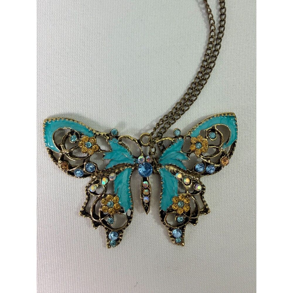Blue Butterfly Pendant Necklace Bronze Tone Floral Sparkling Accents Chain